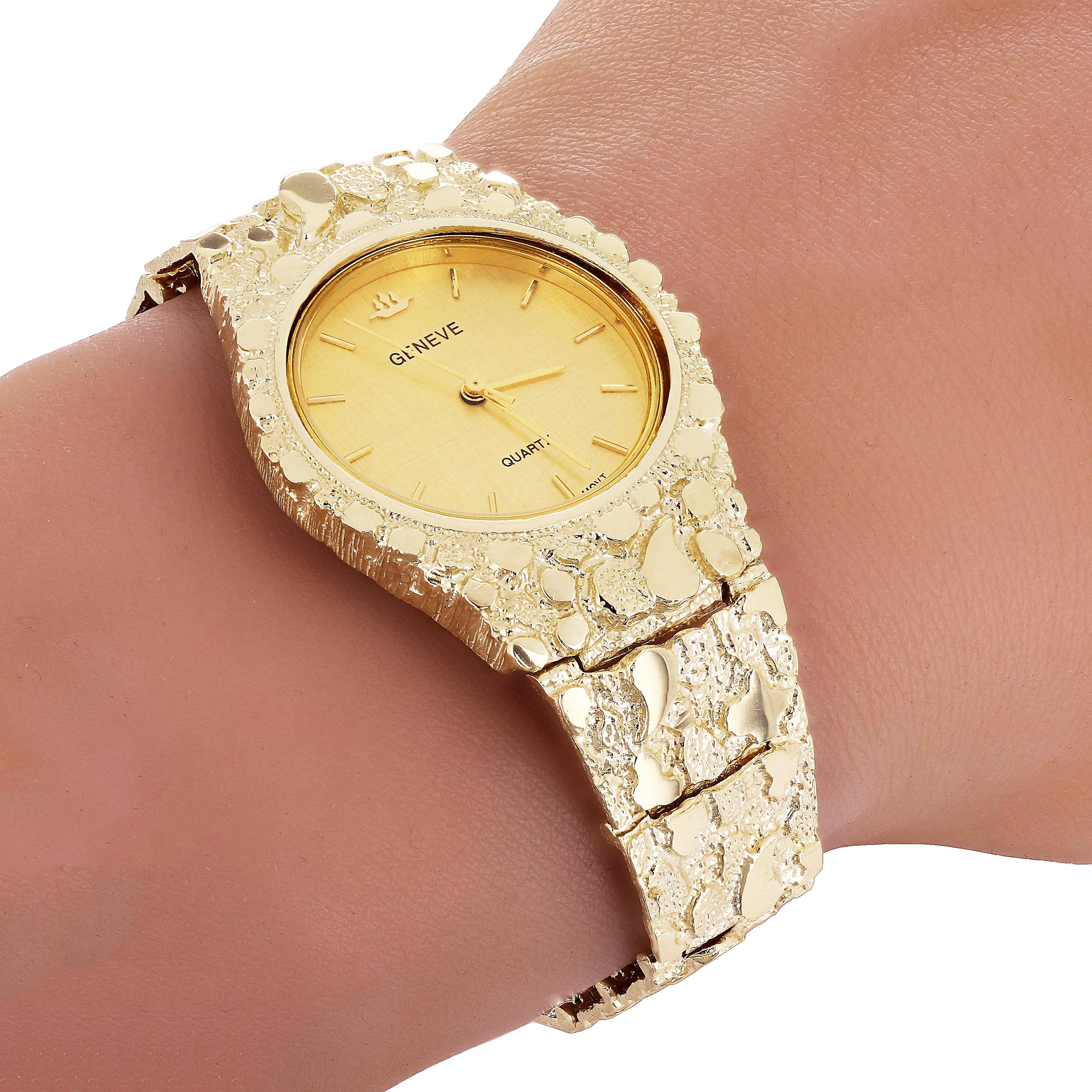 10k Yellow Gold Nugget Link Geneve Wrist Watch Band Adjustable 8.5-9" 57.4 grams