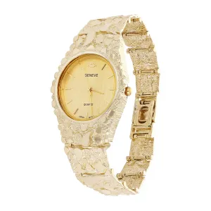 10k Yellow Gold Nugget Link Geneve Wrist Watch Band Adjustable 8.5-9" 57.4 grams