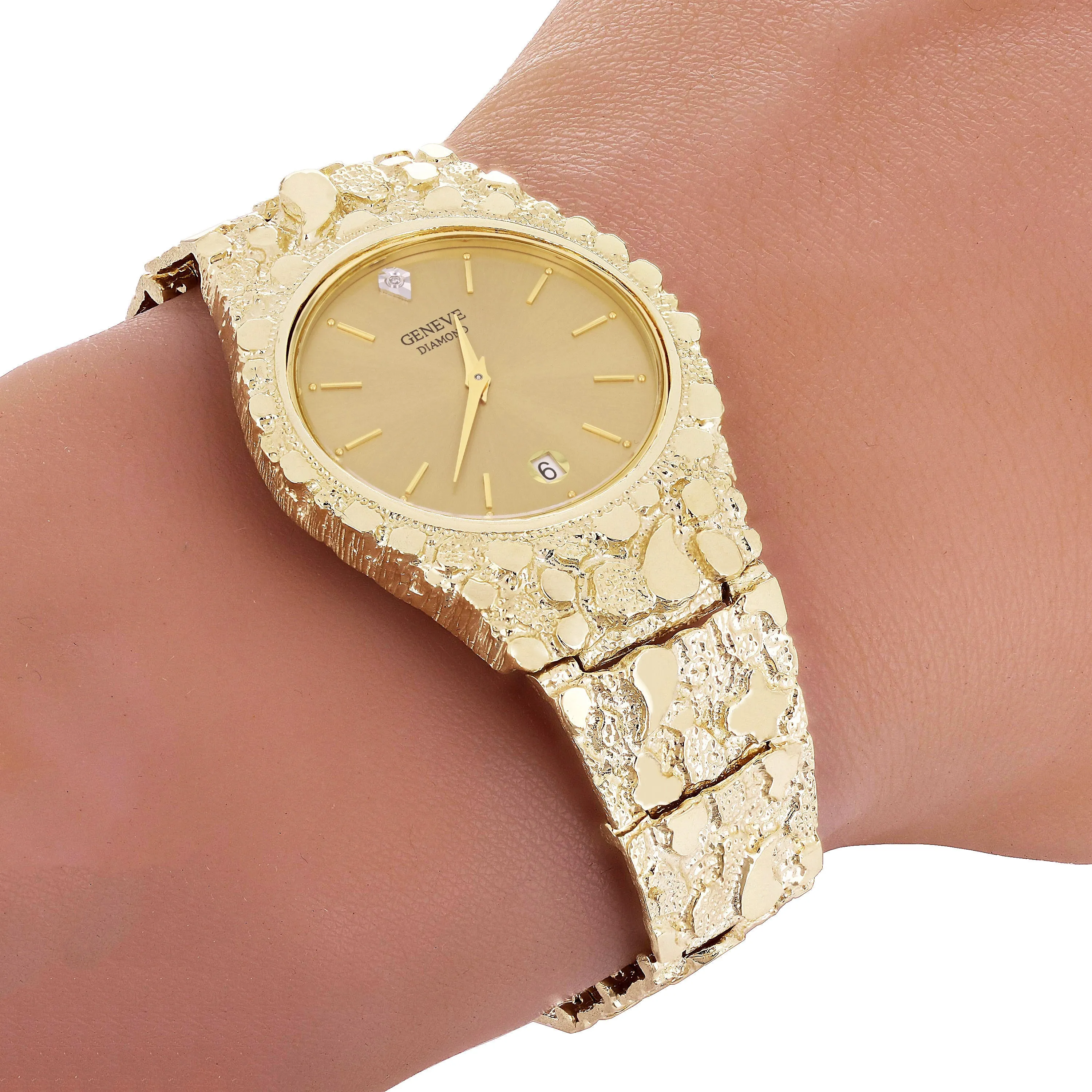10k Yellow Gold Nugget Link Geneve Wrist Watch with Diamond 7.5-8" 50 grams