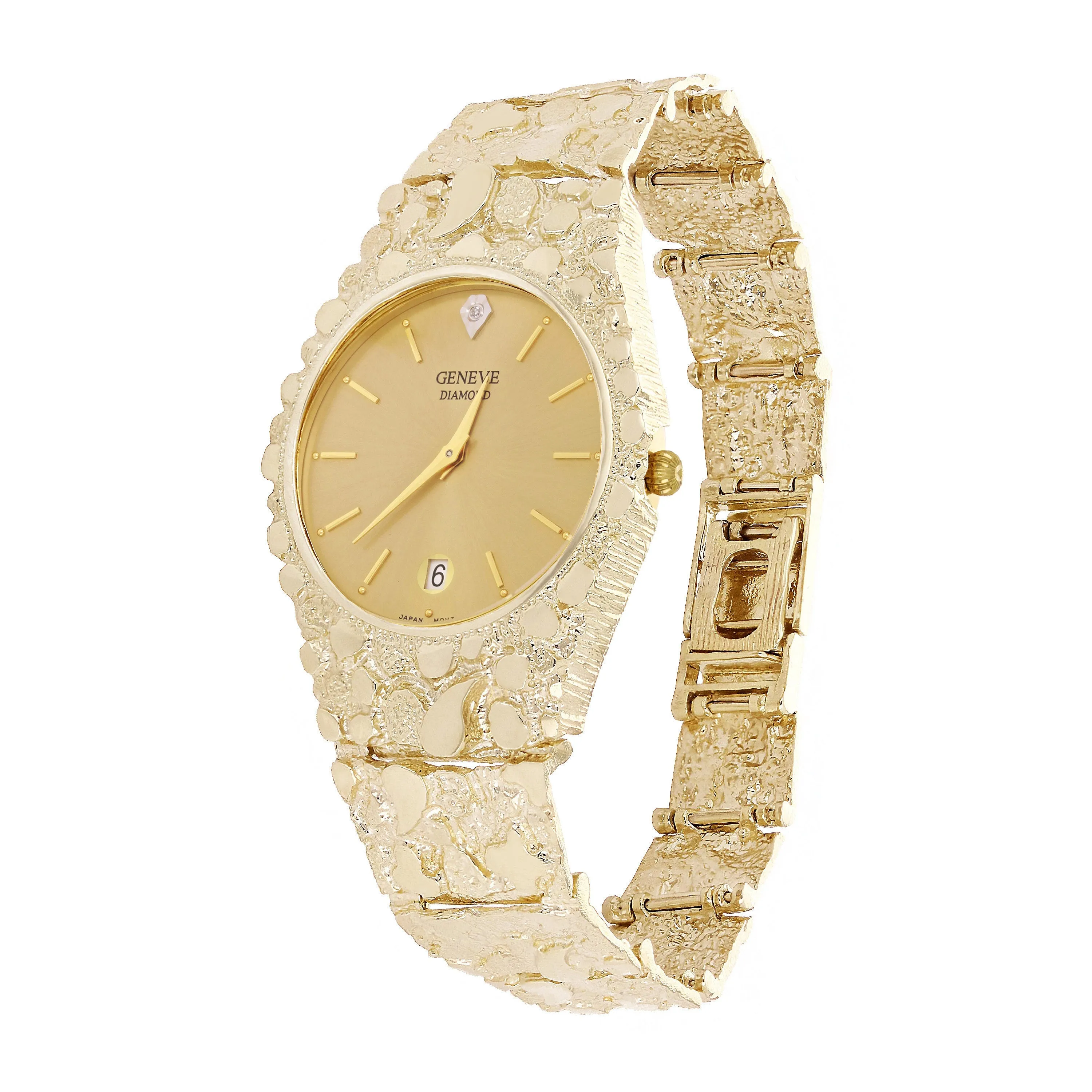 10k Yellow Gold Nugget Link Geneve Wrist Watch with Diamond 7.5-8" 50 grams