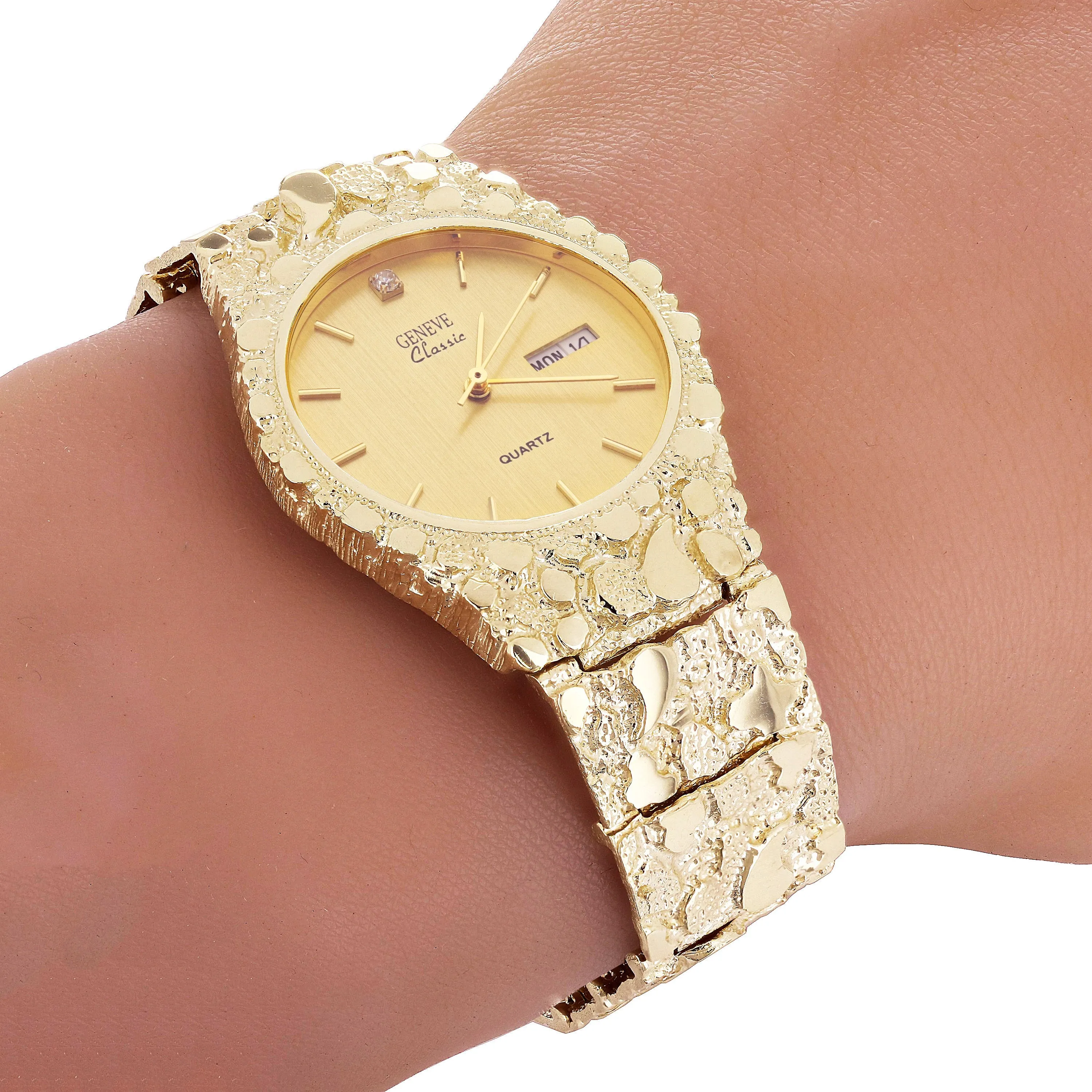 10k Yellow Gold Nugget Link Geneve Wrist Watch with Diamond 8.5-9" 57g