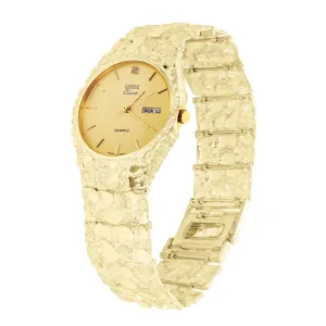 10k Yellow Gold Nugget Link Geneve Wrist Watch with Diamond 8.5-9" 57g