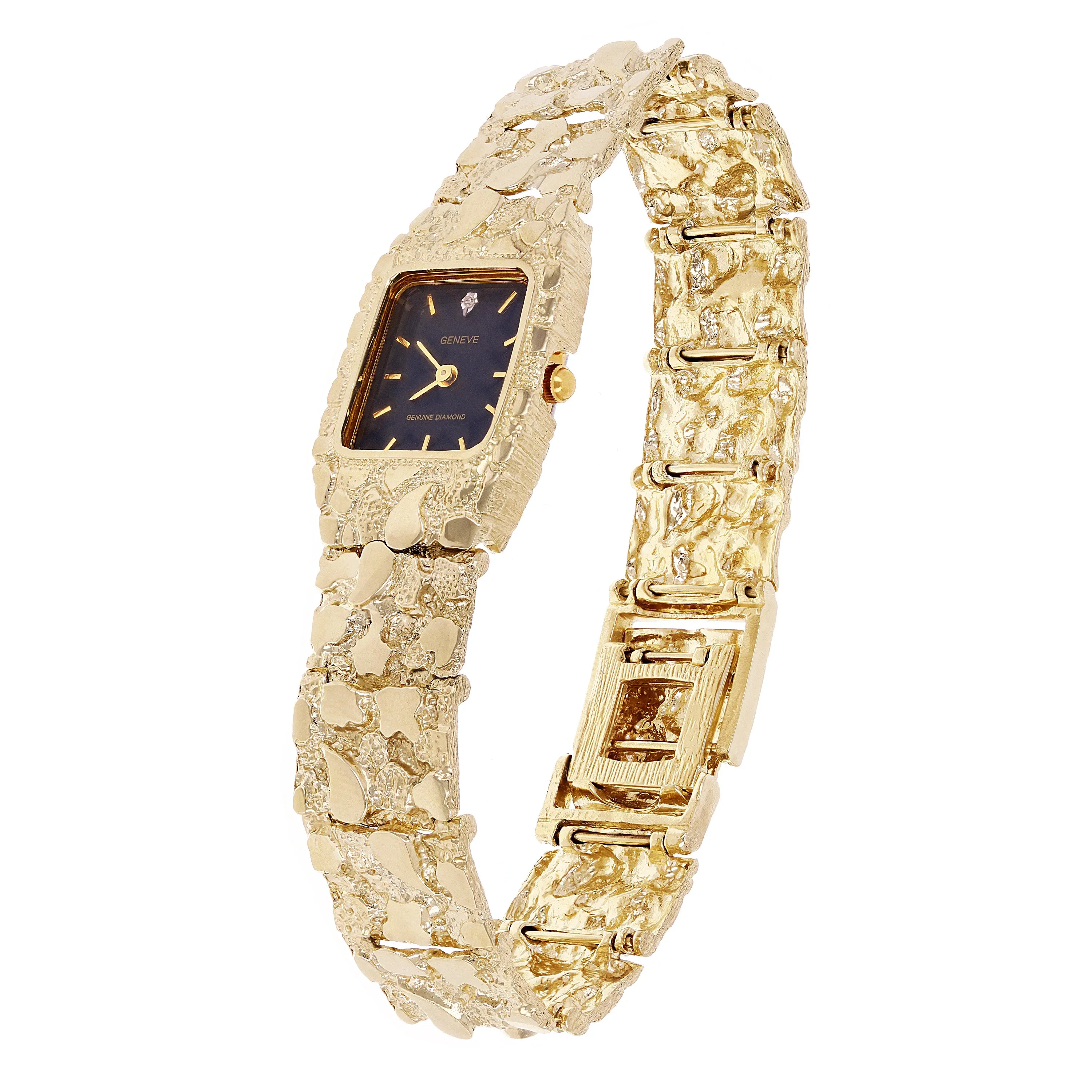 10k Yellow Gold Nugget Link Wrist Watch Bracelet Geneve Diamond Watch 7.5-8"