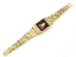 10k Yellow Gold Nugget Link Wrist Watch Bracelet Geneve Jesus Christ Watch 7.5"