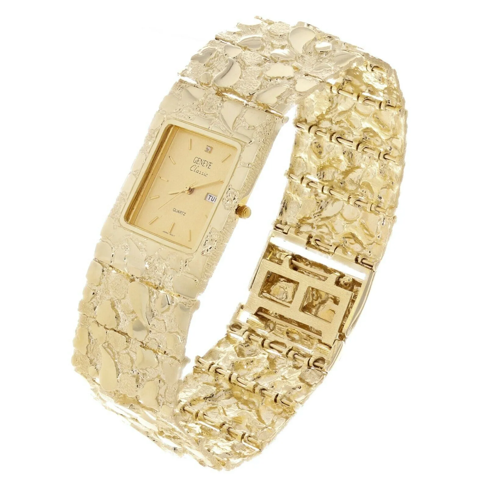 10k Yellow Gold Nugget Wrist Watch Link Geneve Diamond Watch 9.75" 30.5mm 111.8g