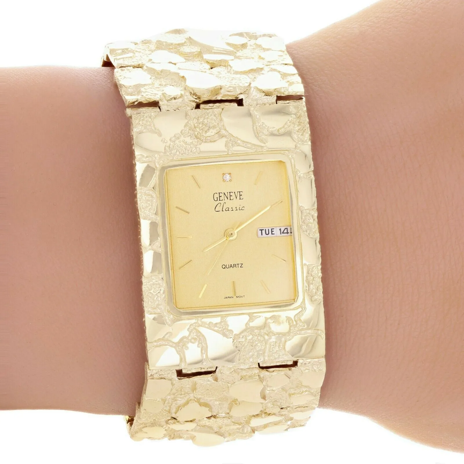 10k Yellow Gold Nugget Wrist Watch Link Geneve Diamond Watch 9.75" 30.5mm 111.8g