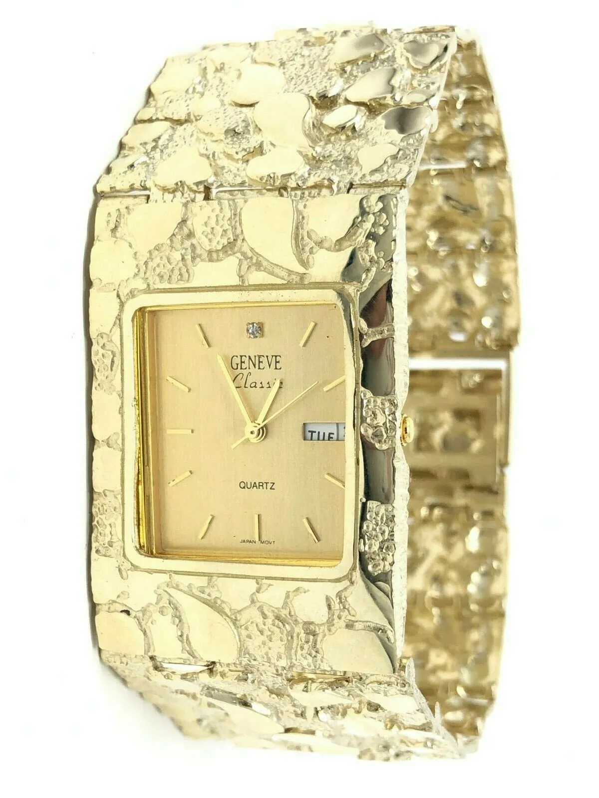10k Yellow Gold Nugget Wrist Watch Link Geneve Diamond Watch 9.75" 30.5mm 111.8g
