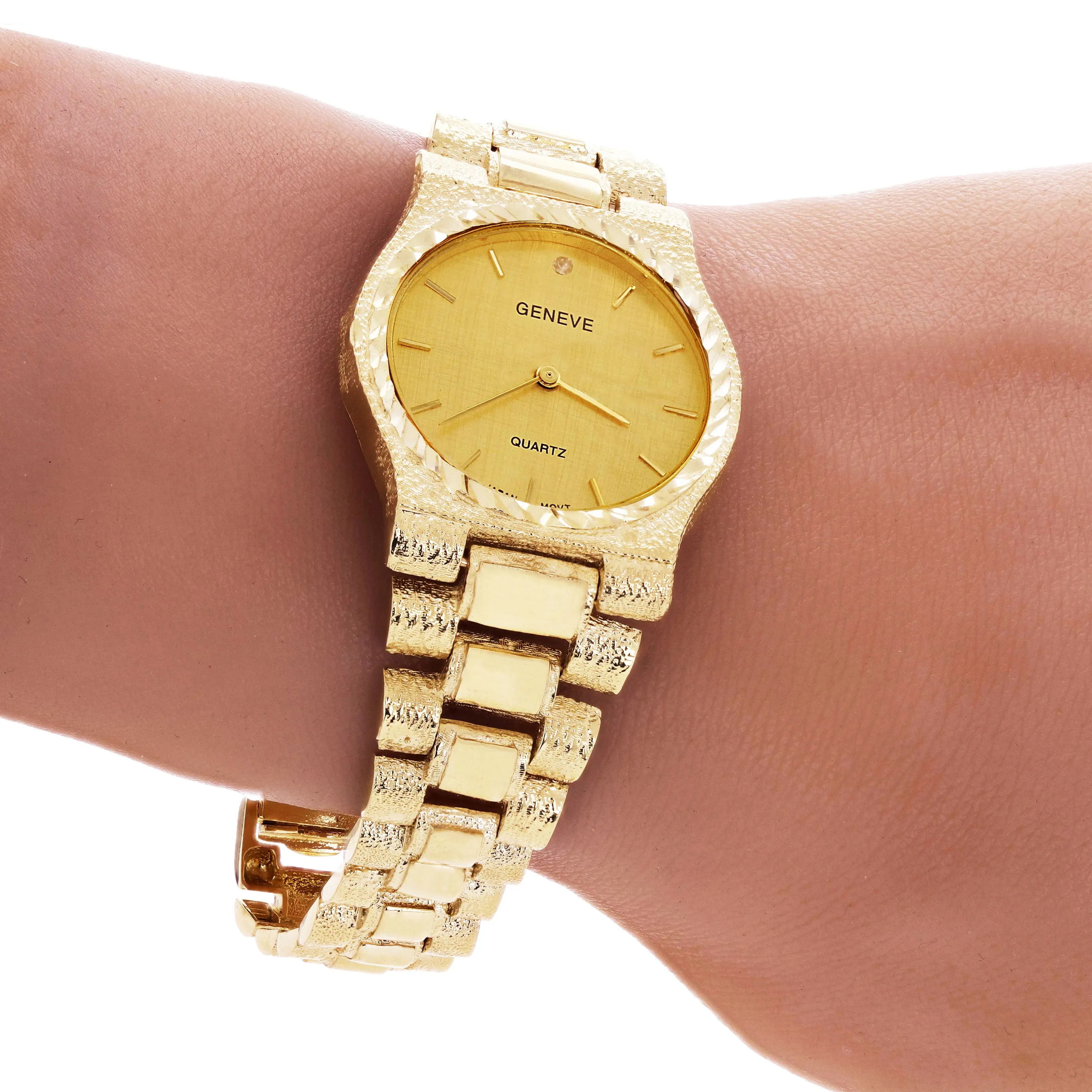 10k Yellow Gold Watch Link Wrist Band with Geneve Diamond Watch 7-7.5" 46.5grams