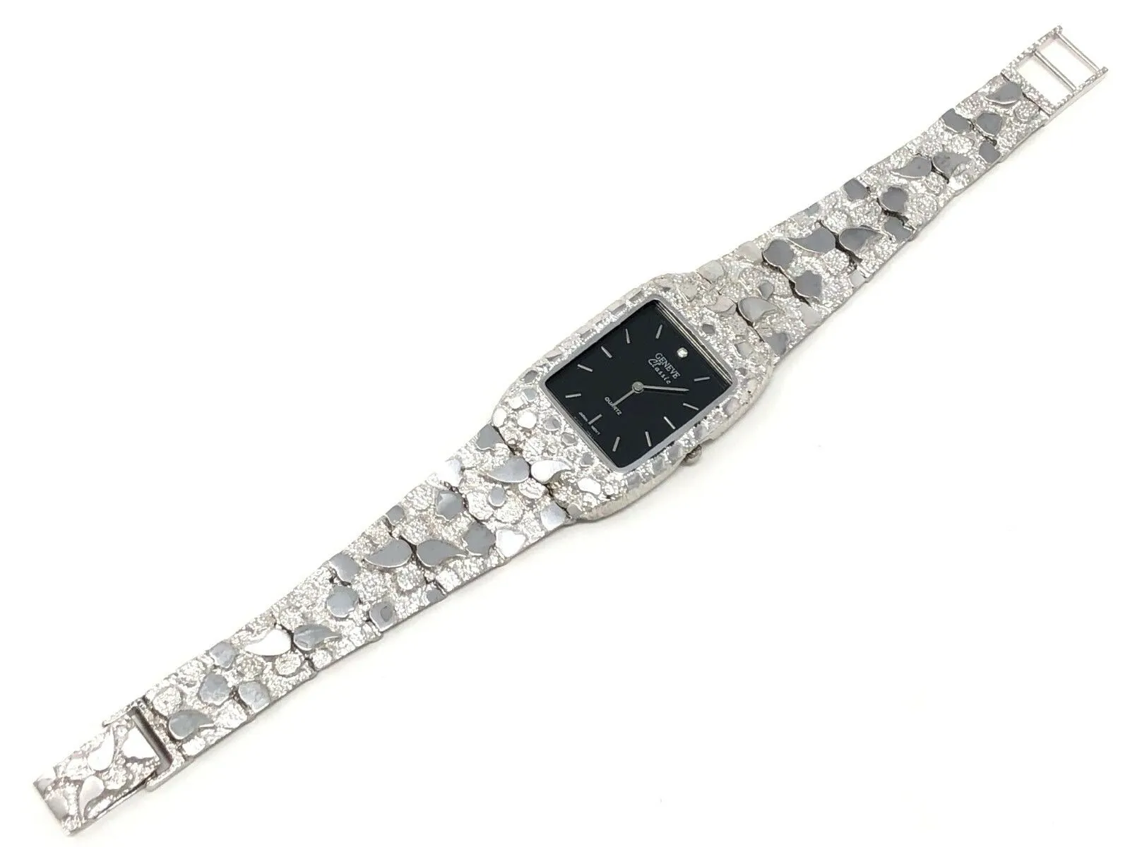 14k White Gold Solid Nugget Wrist Watch Link with Geneve Watch 7.5"-8" 54.5grams