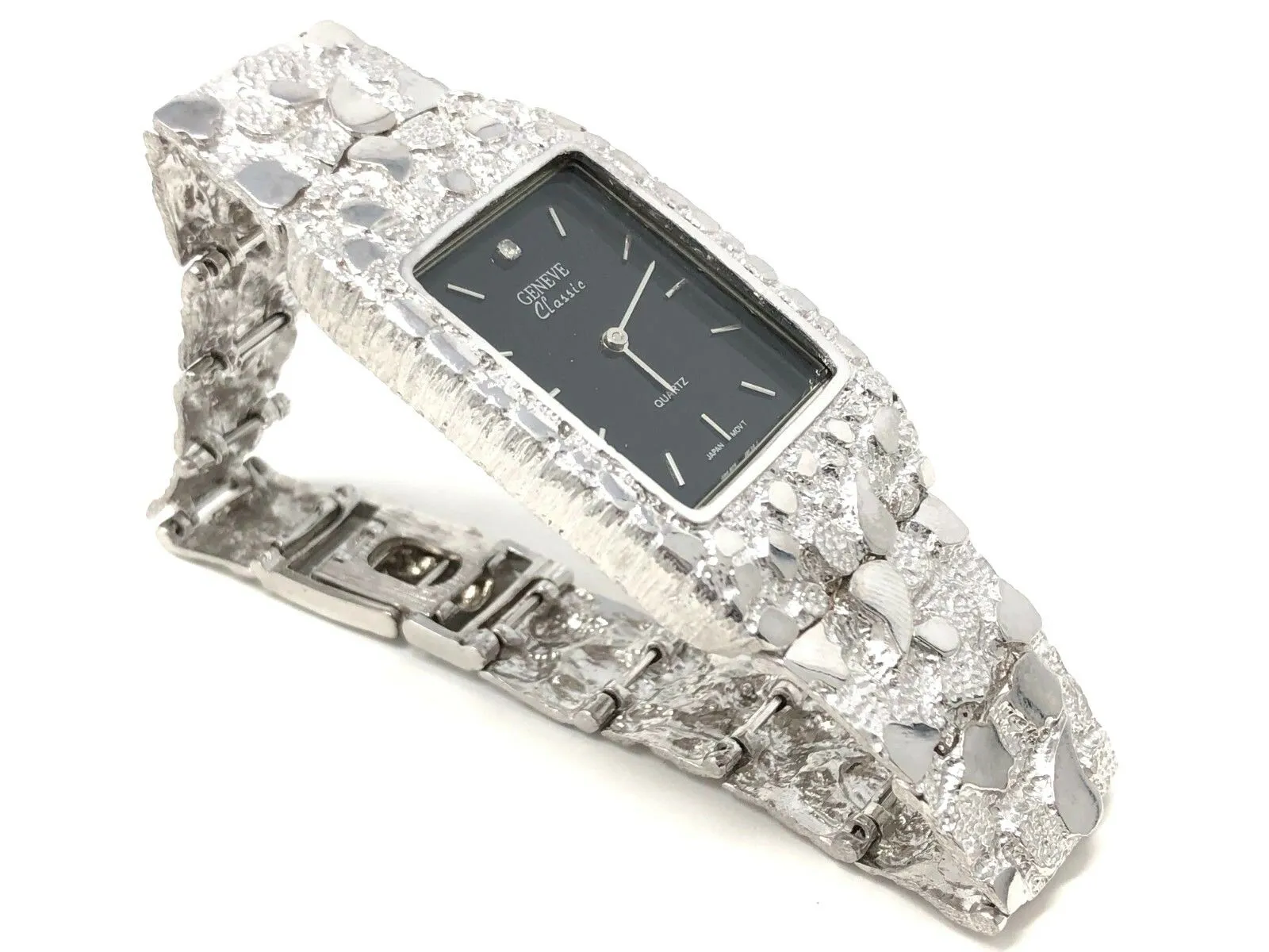 14k White Gold Solid Nugget Wrist Watch Link with Geneve Watch 7.5"-8" 54.5grams
