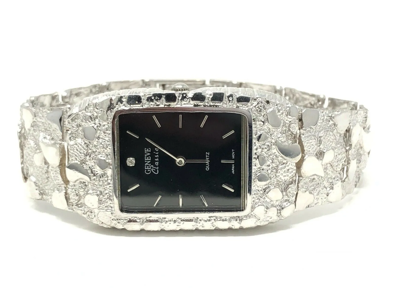 14k White Gold Solid Nugget Wrist Watch Link with Geneve Watch 7.5"-8" 54.5grams