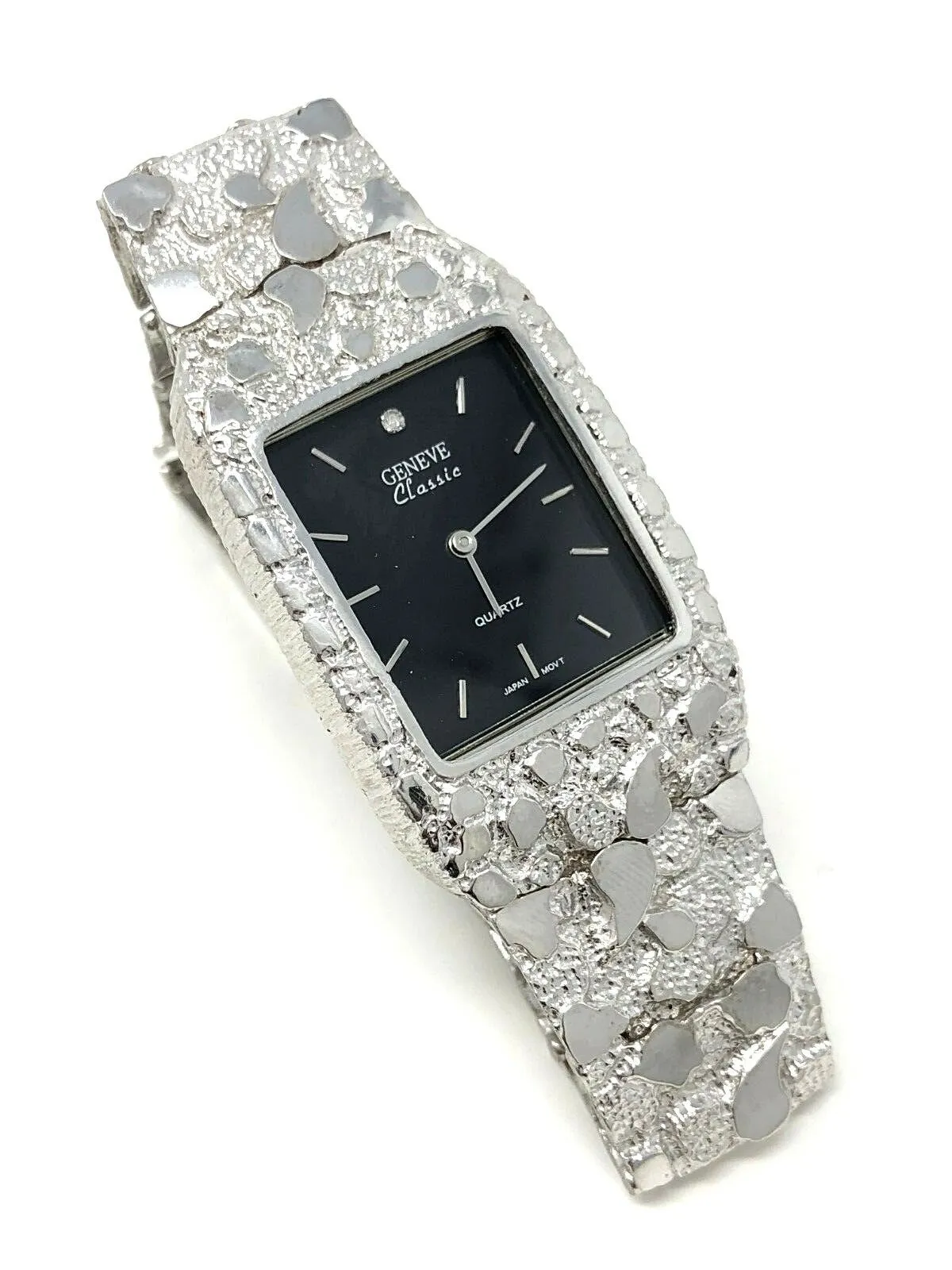 14k White Gold Solid Nugget Wrist Watch Link with Geneve Watch 7.5"-8" 54.5grams