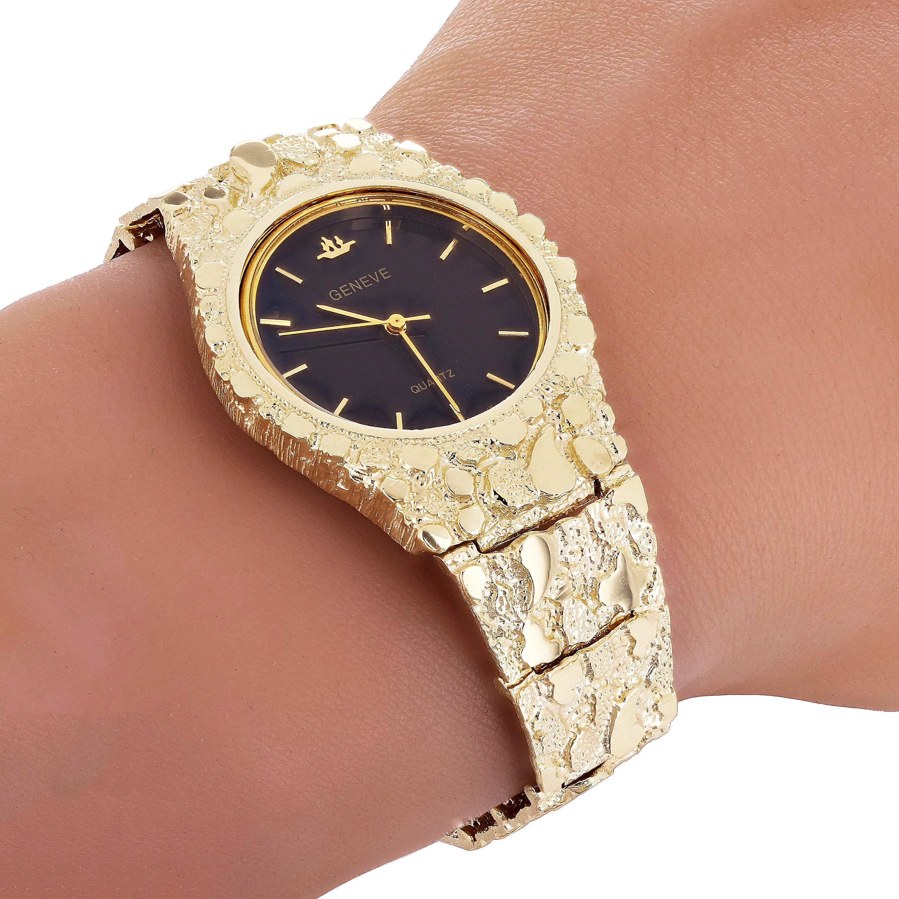 14k Yellow Gold Nugget Link Geneve with Diamond Wrist Watch 8-8.5" 60 grams