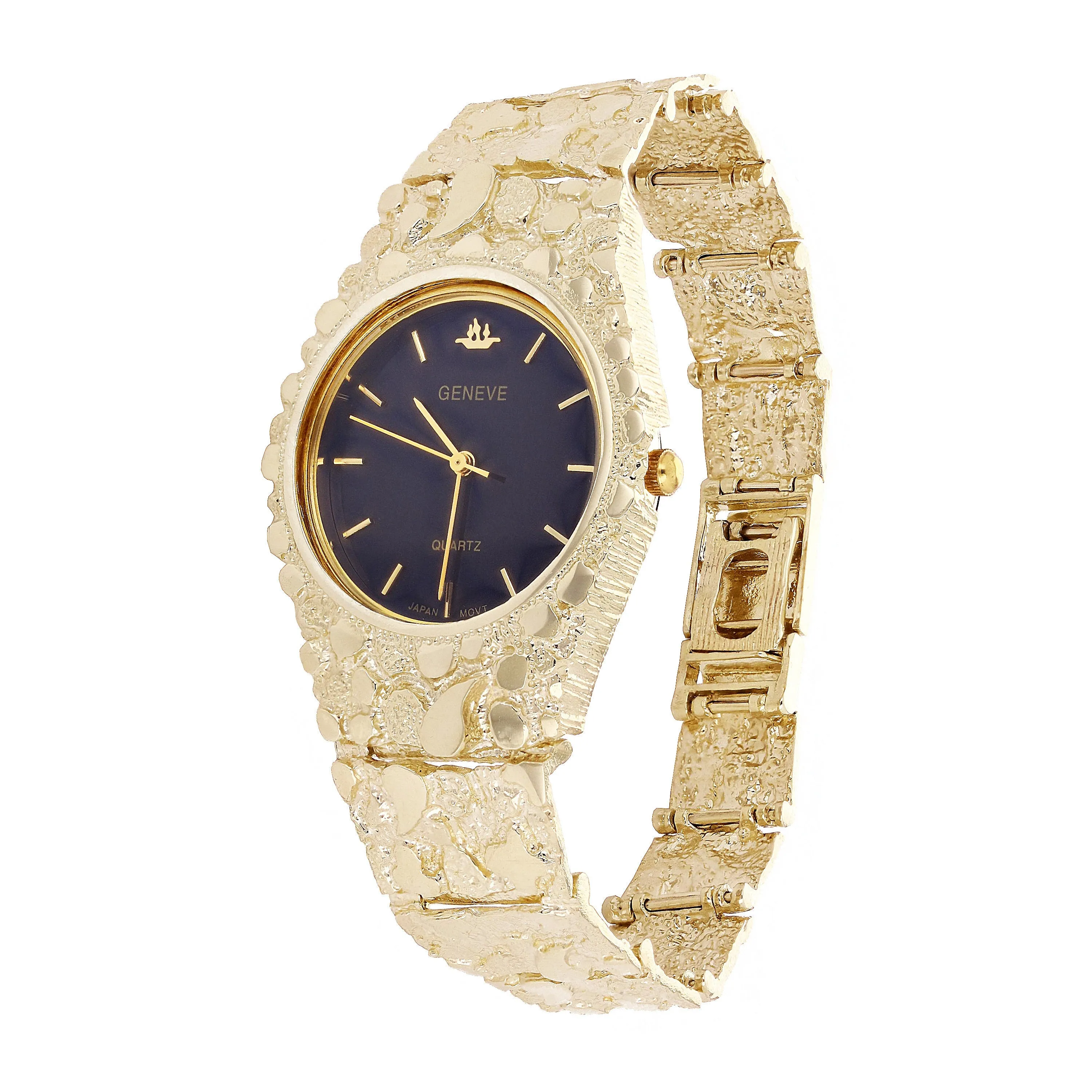 14k Yellow Gold Nugget Link Geneve with Diamond Wrist Watch 8-8.5" 60 grams