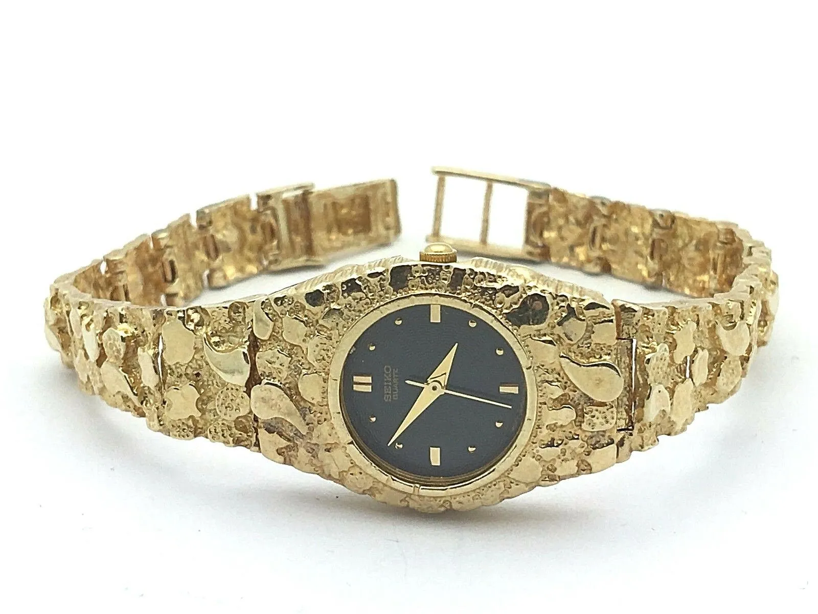 14k Yellow Gold Nugget Wrist Watch with Seiko Watch 7"-7.5" 37.2 grams