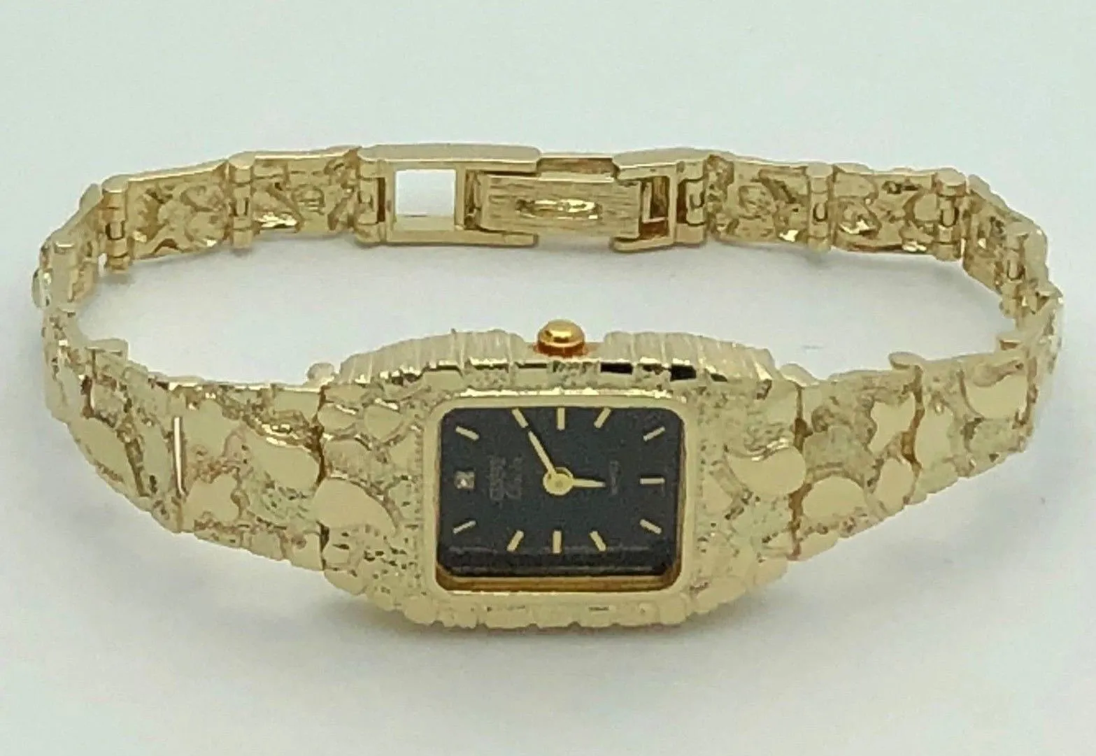 14k Yellow Gold Solid Nugget Link Bracelet Geneve Diamond Wrist Watch 6.5"-7"