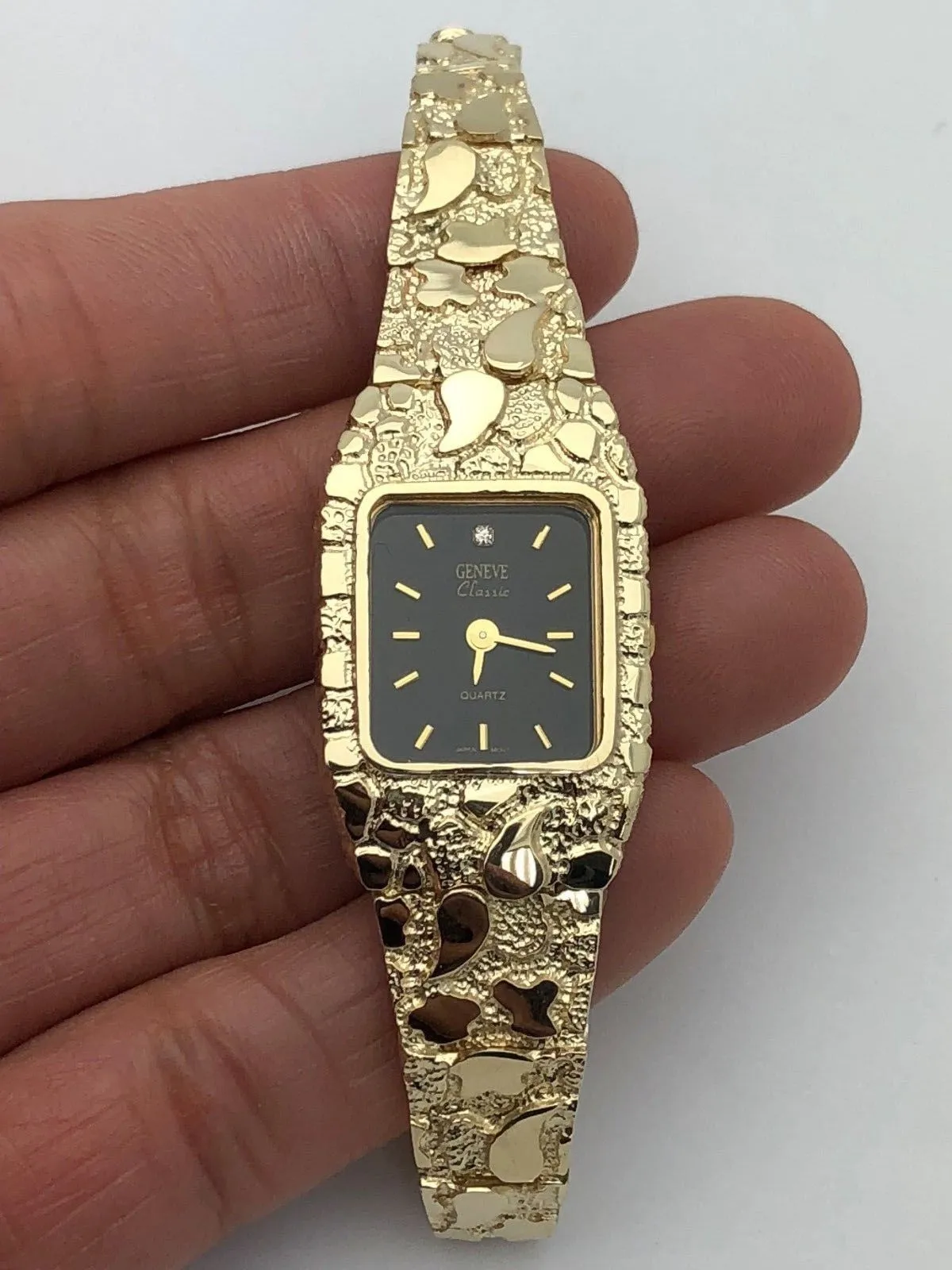 14k Yellow Gold Solid Nugget Link Bracelet Geneve Diamond Wrist Watch 6.5"-7"