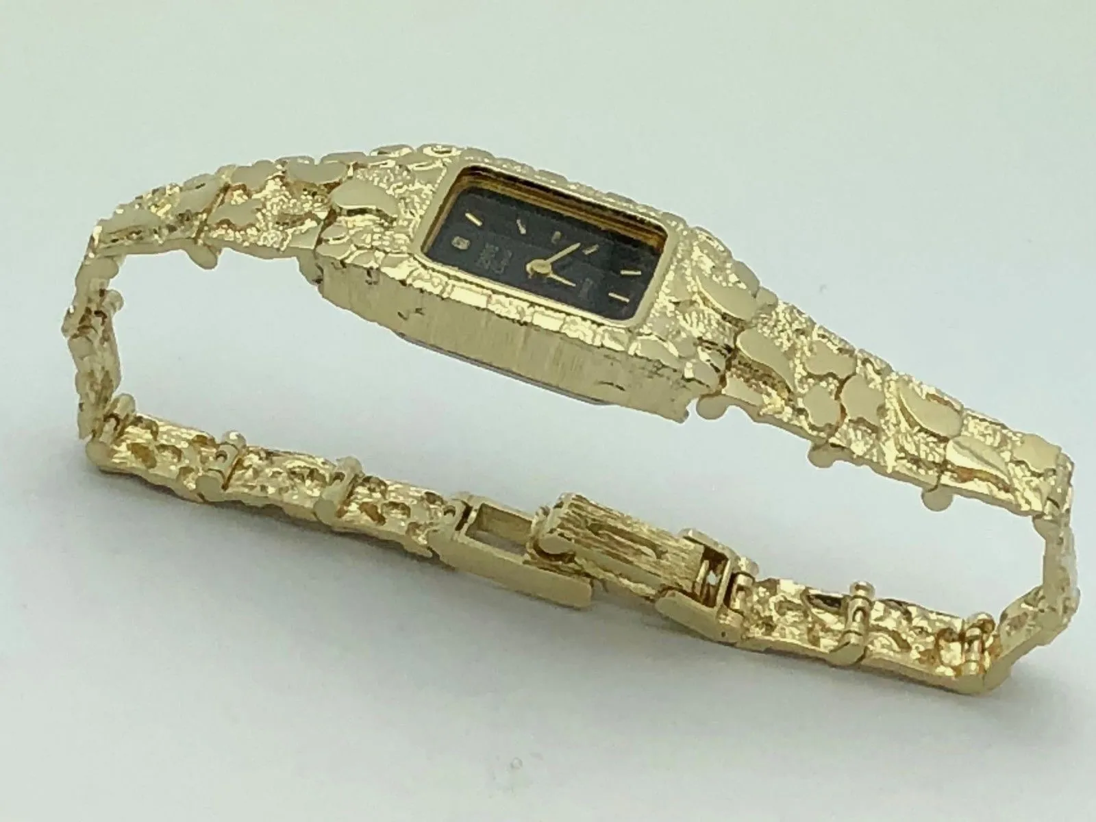 14k Yellow Gold Solid Nugget Link Bracelet Geneve Diamond Wrist Watch 6.5"-7"