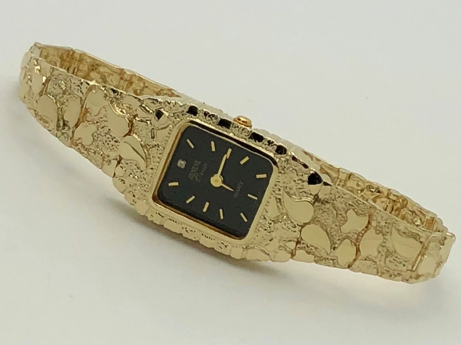 14k Yellow Gold Solid Nugget Link Bracelet Geneve Diamond Wrist Watch 6.5"-7"