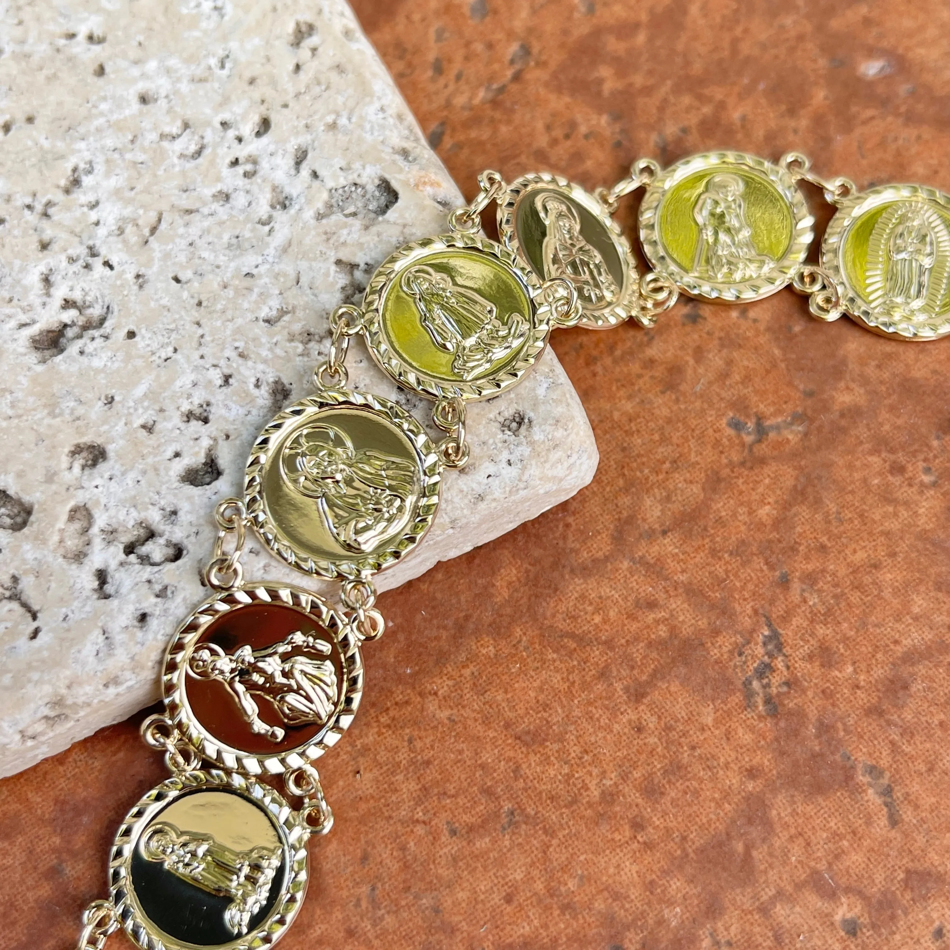 14KT Yellow Gold Traditional Saints Round Medal Link Bracelet