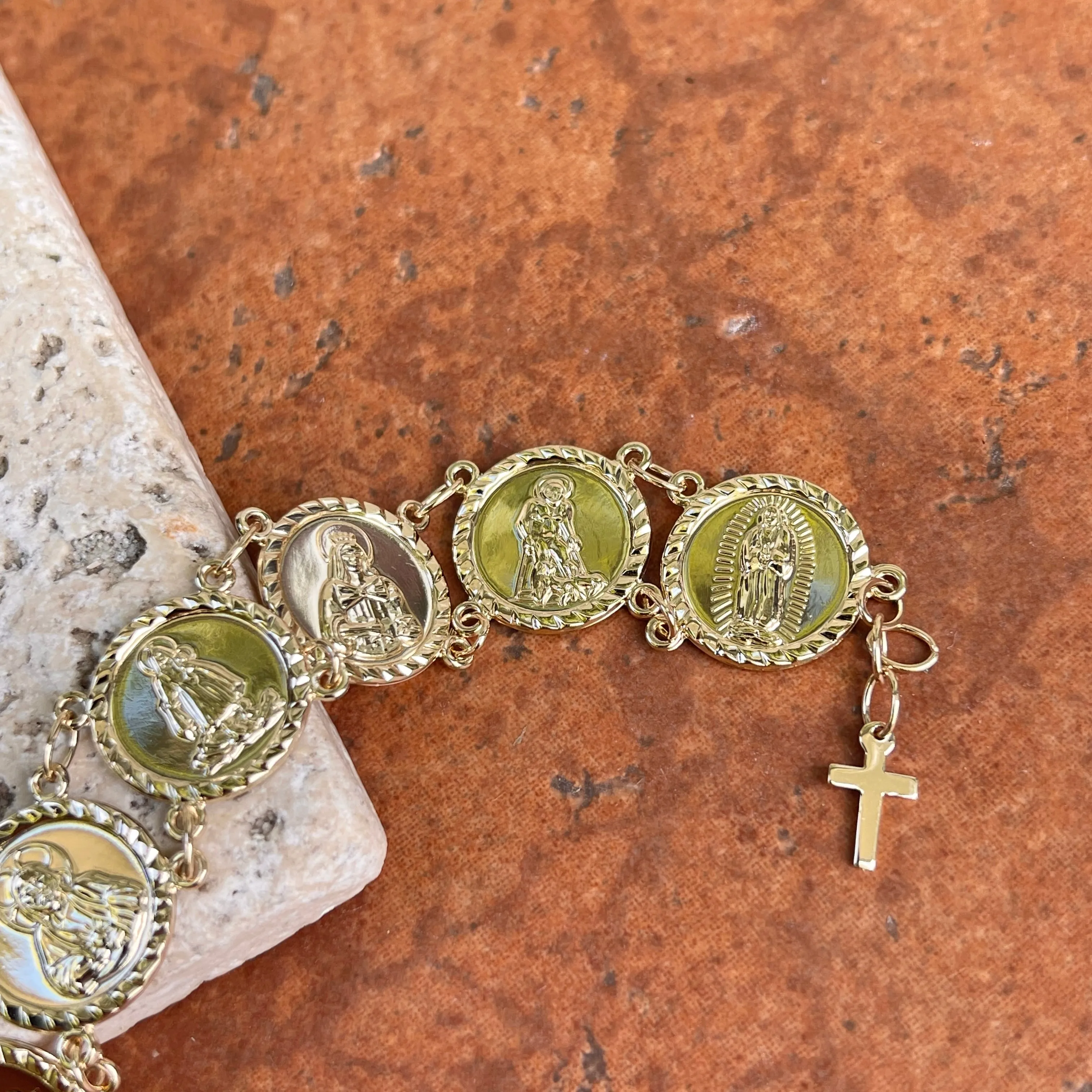 14KT Yellow Gold Traditional Saints Round Medal Link Bracelet