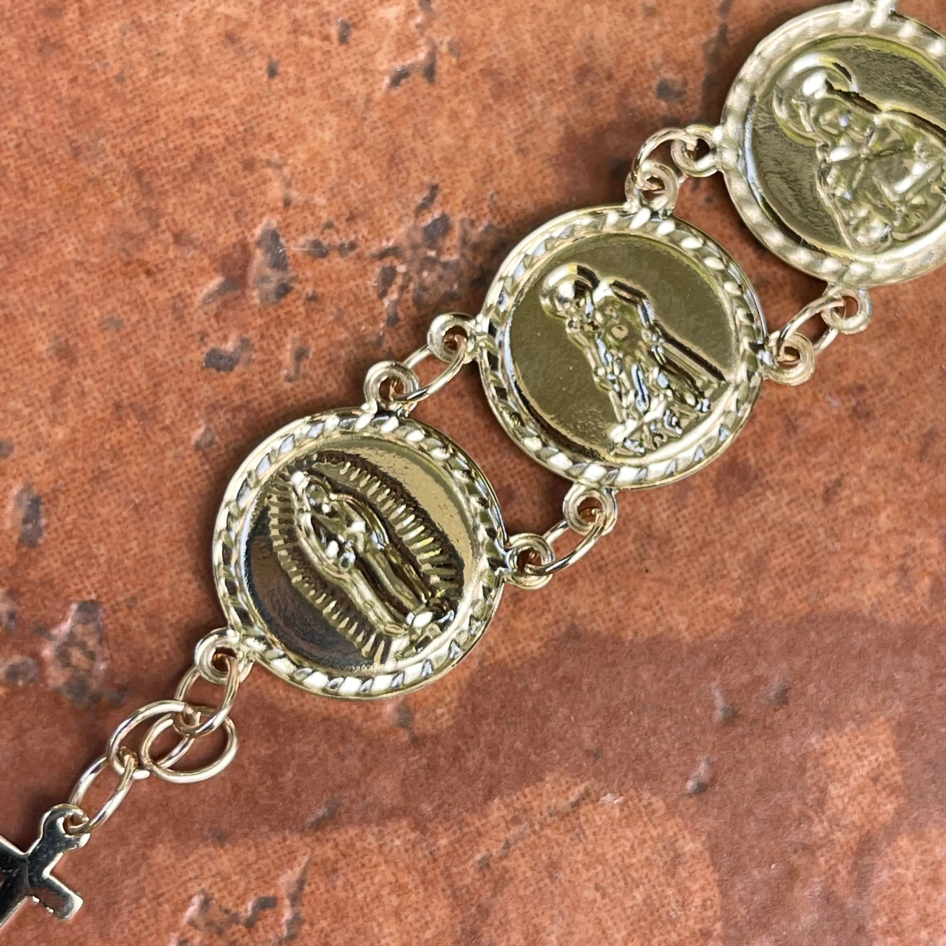 14KT Yellow Gold Traditional Saints Round Medal Link Bracelet