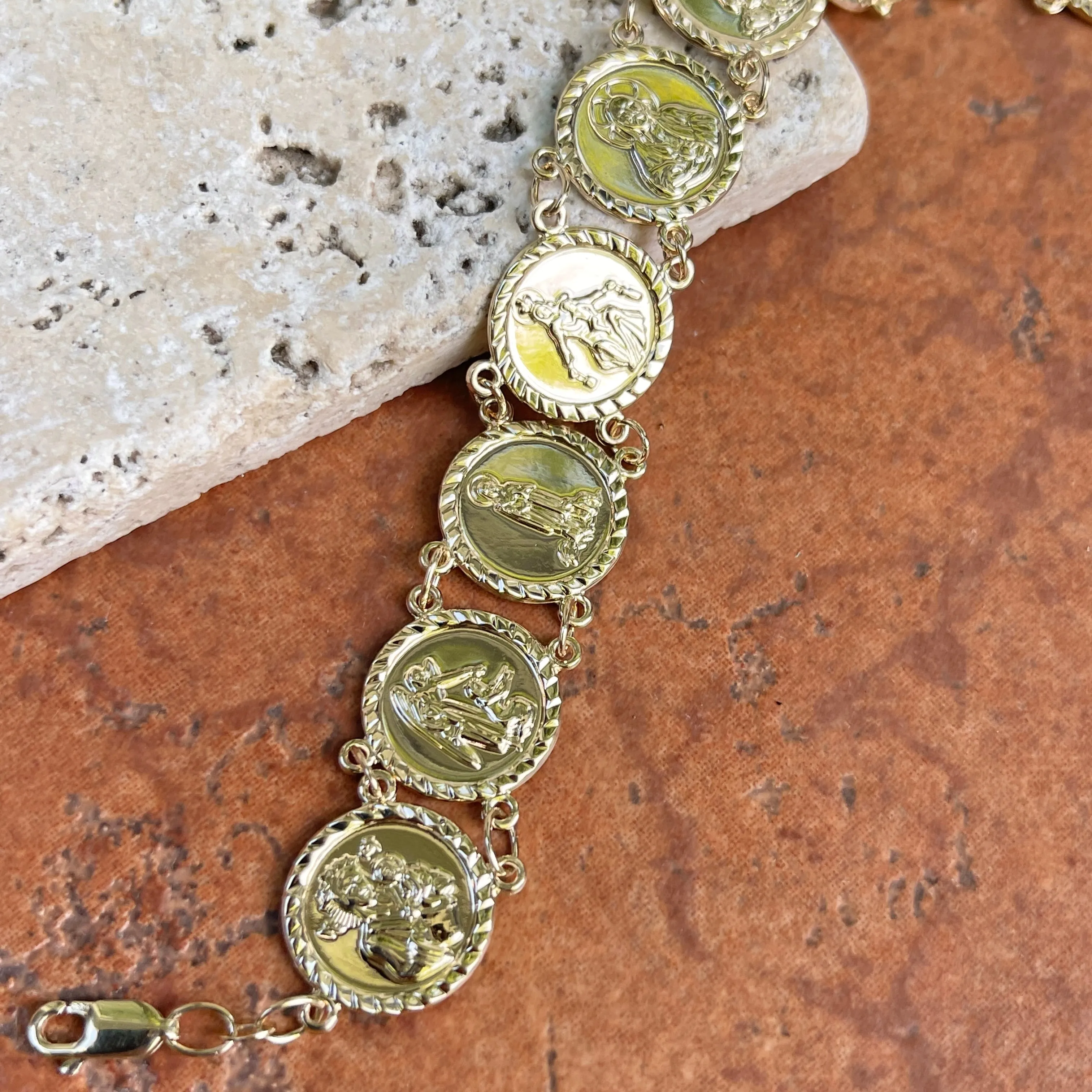 14KT Yellow Gold Traditional Saints Round Medal Link Bracelet