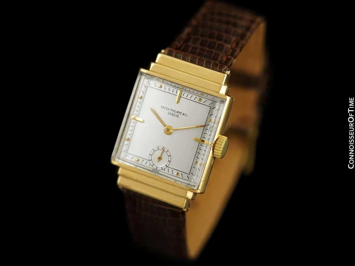 1940's Patek Philippe Vintage Mens Late Art Deco Handwound Watch with Stepped Lugs - 18K Gold