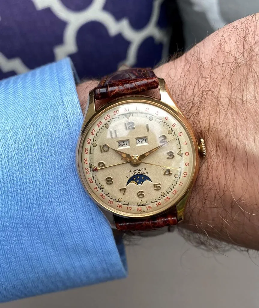 1950's Swiss Vintage Triple Calendar Moonphase Automatic Mens Watch - 14K Gold