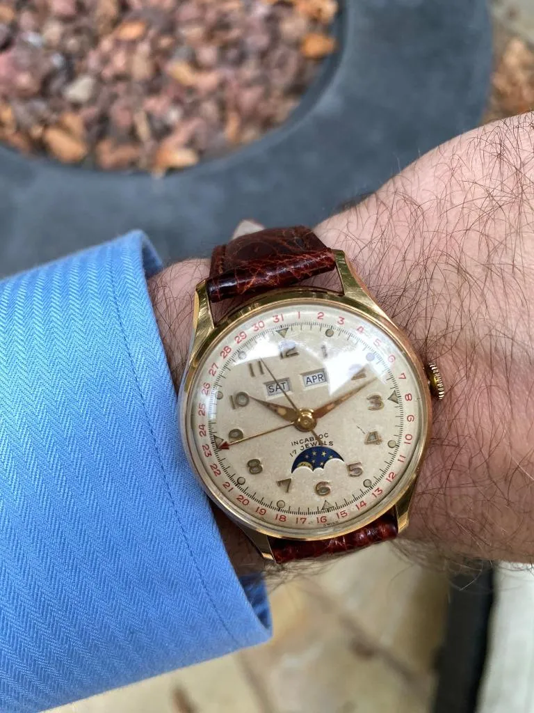 1950's Swiss Vintage Triple Calendar Moonphase Automatic Mens Watch - 14K Gold