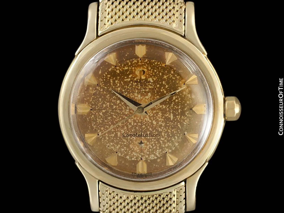 1954 Omega Vintage "De Luxe" Constellation with Bracelet - Tropical Dial - 14K Gold with Box