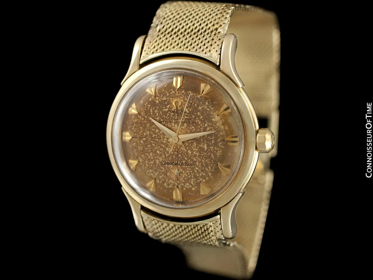 1954 Omega Vintage "De Luxe" Constellation with Bracelet - Tropical Dial - 14K Gold with Box