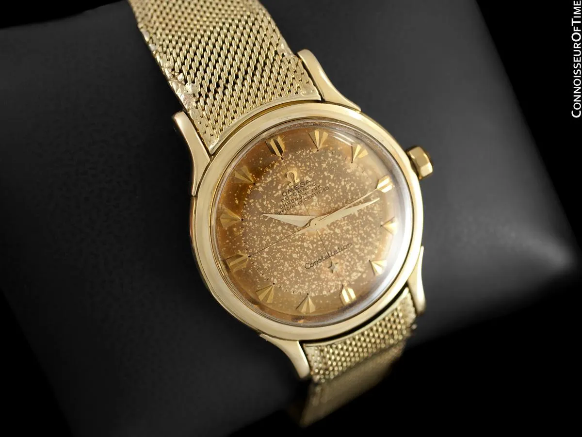 1954 Omega Vintage "De Luxe" Constellation with Bracelet - Tropical Dial - 14K Gold with Box