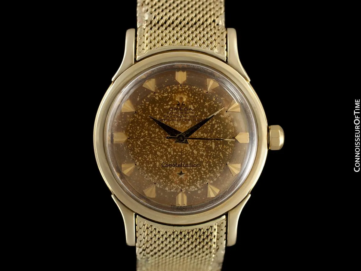 1954 Omega Vintage "De Luxe" Constellation with Bracelet - Tropical Dial - 14K Gold with Box