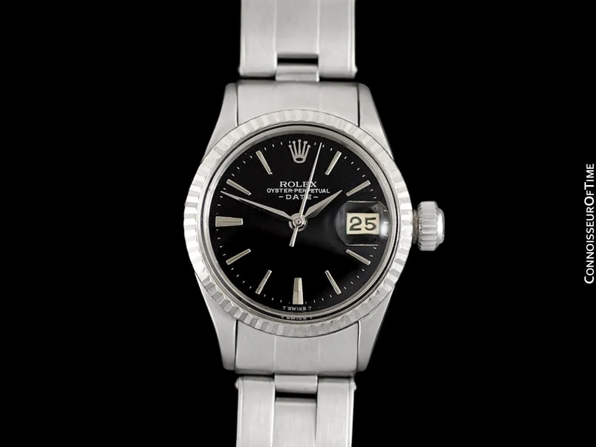 1965 Rolex Classic Vintage Ladies Date Datejust Watch, Black Dial - Stainless Steel & 18K White Gold