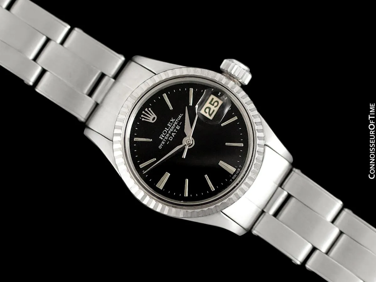 1965 Rolex Classic Vintage Ladies Date Datejust Watch, Black Dial - Stainless Steel & 18K White Gold