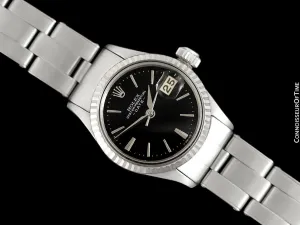 1965 Rolex Classic Vintage Ladies Date Datejust Watch, Black Dial - Stainless Steel & 18K White Gold