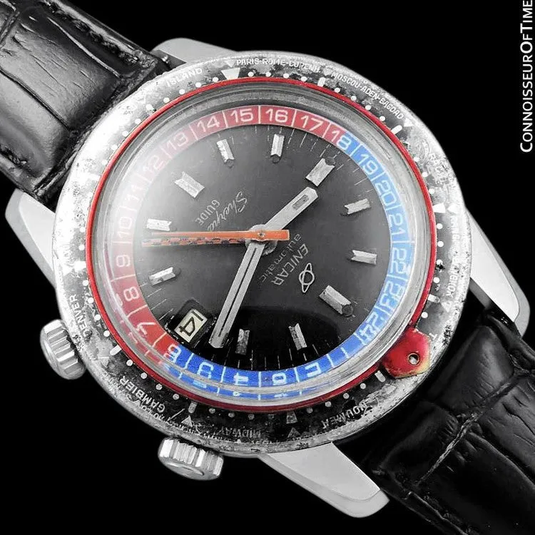 1969 Enicar Sherpa Guide GMT Pepsi Bezel World Time Mens Pilots Compressor Watch, Extra Large Size - Stainless Steel