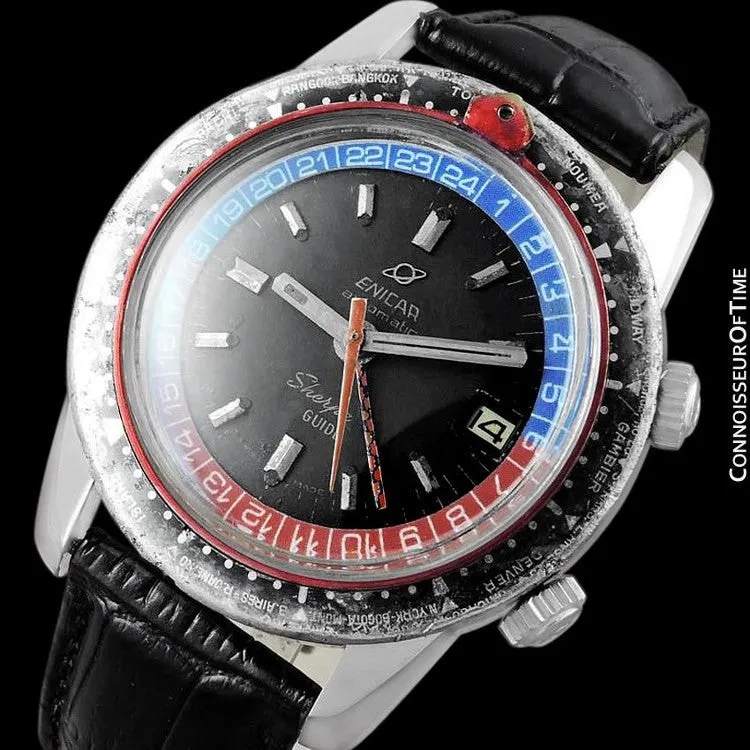 1969 Enicar Sherpa Guide GMT Pepsi Bezel World Time Mens Pilots Compressor Watch, Extra Large Size - Stainless Steel