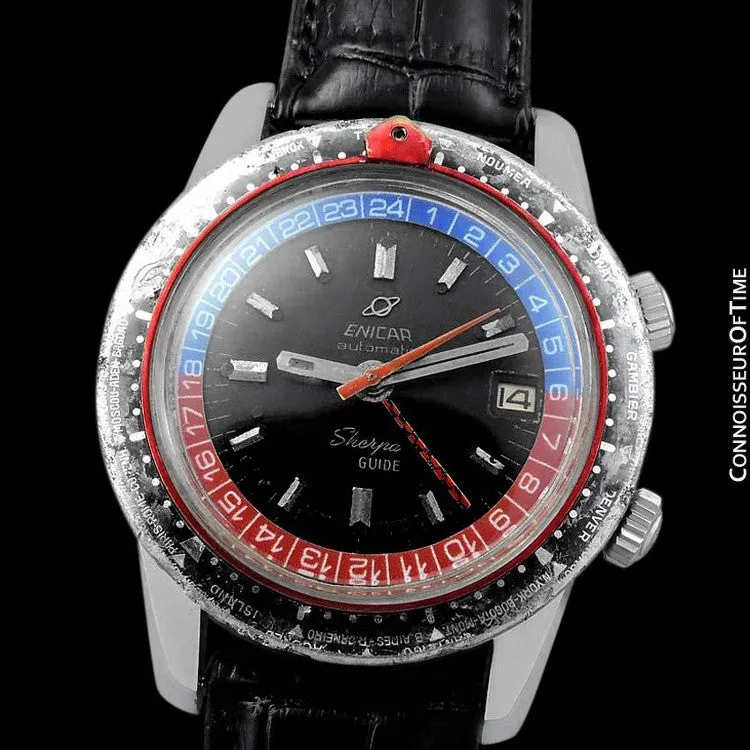 1969 Enicar Sherpa Guide GMT Pepsi Bezel World Time Mens Pilots Compressor Watch, Extra Large Size - Stainless Steel