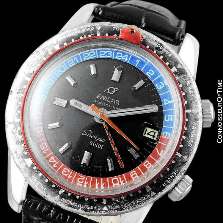 1969 Enicar Sherpa Guide GMT Pepsi Bezel World Time Mens Pilots Compressor Watch, Extra Large Size - Stainless Steel