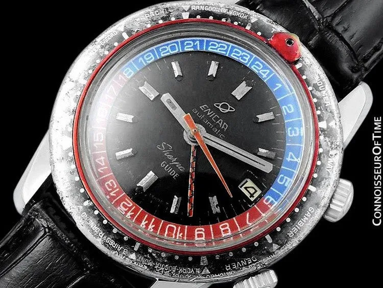 1969 Enicar Sherpa Guide GMT Pepsi Bezel World Time Mens Pilots Compressor Watch, Extra Large Size - Stainless Steel