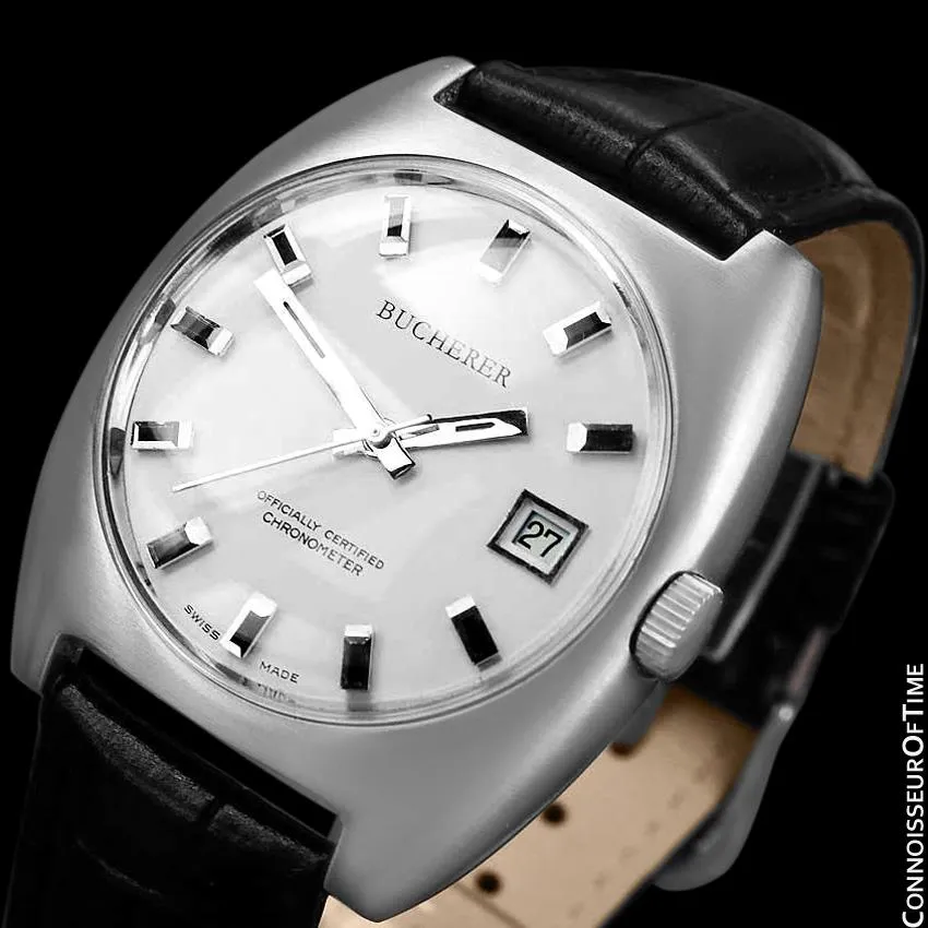1970's Bucherer (Carl F. Bucherer) Large Vintage Mens Officially Certified Chronometer Watch - Stainless Steel