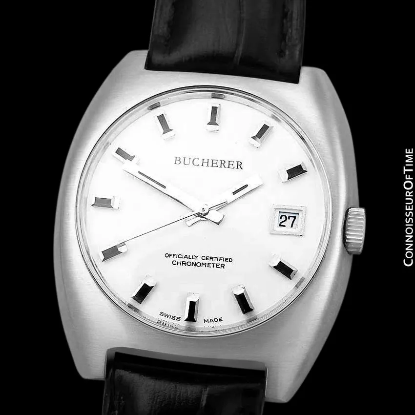 1970's Bucherer (Carl F. Bucherer) Large Vintage Mens Officially Certified Chronometer Watch - Stainless Steel