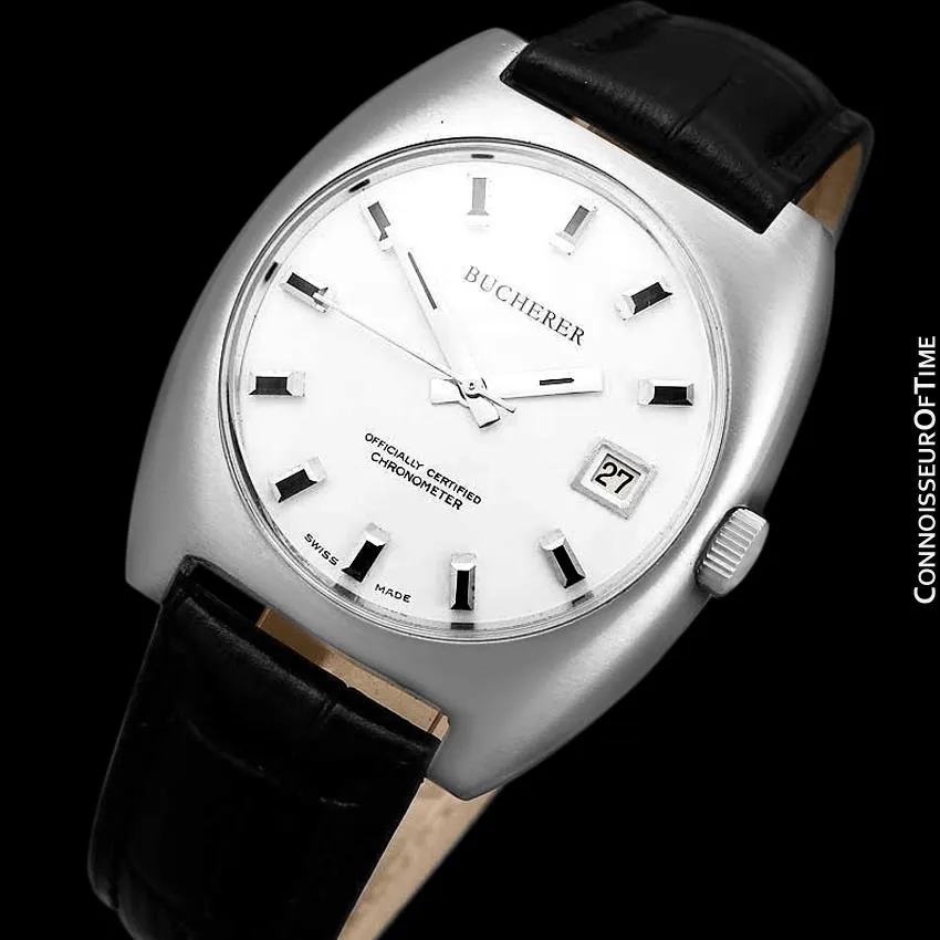 1970's Bucherer (Carl F. Bucherer) Large Vintage Mens Officially Certified Chronometer Watch - Stainless Steel