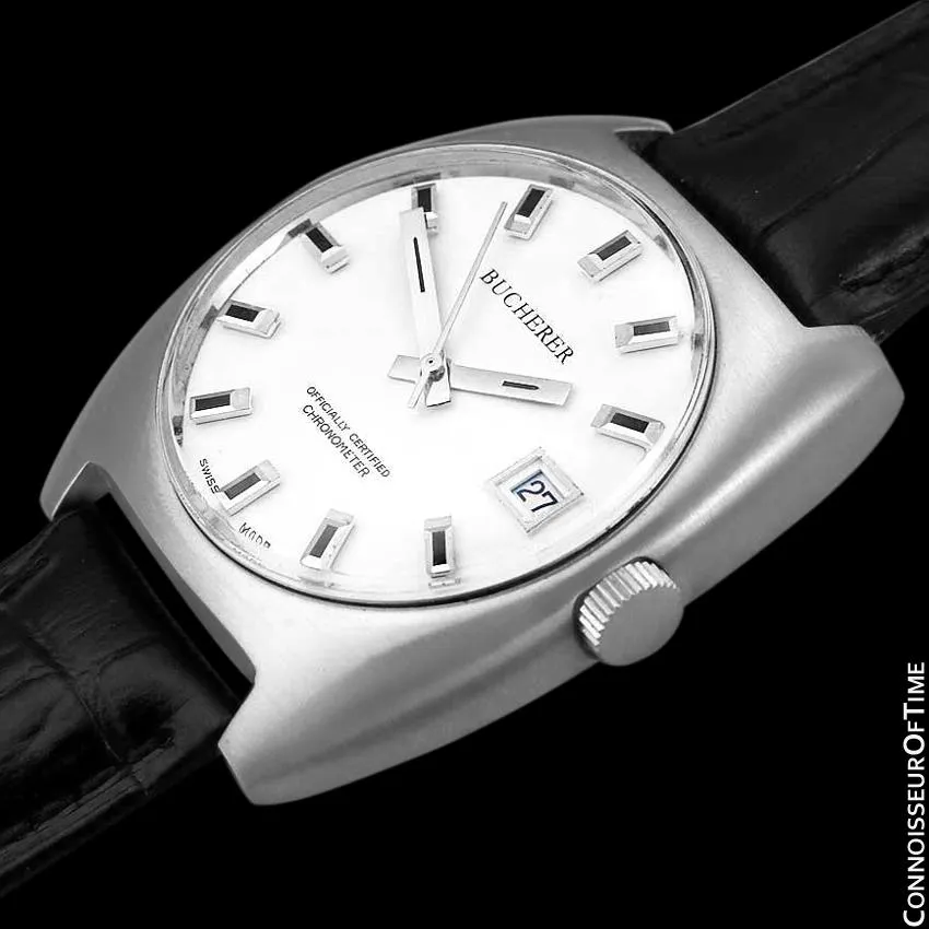 1970's Bucherer (Carl F. Bucherer) Large Vintage Mens Officially Certified Chronometer Watch - Stainless Steel