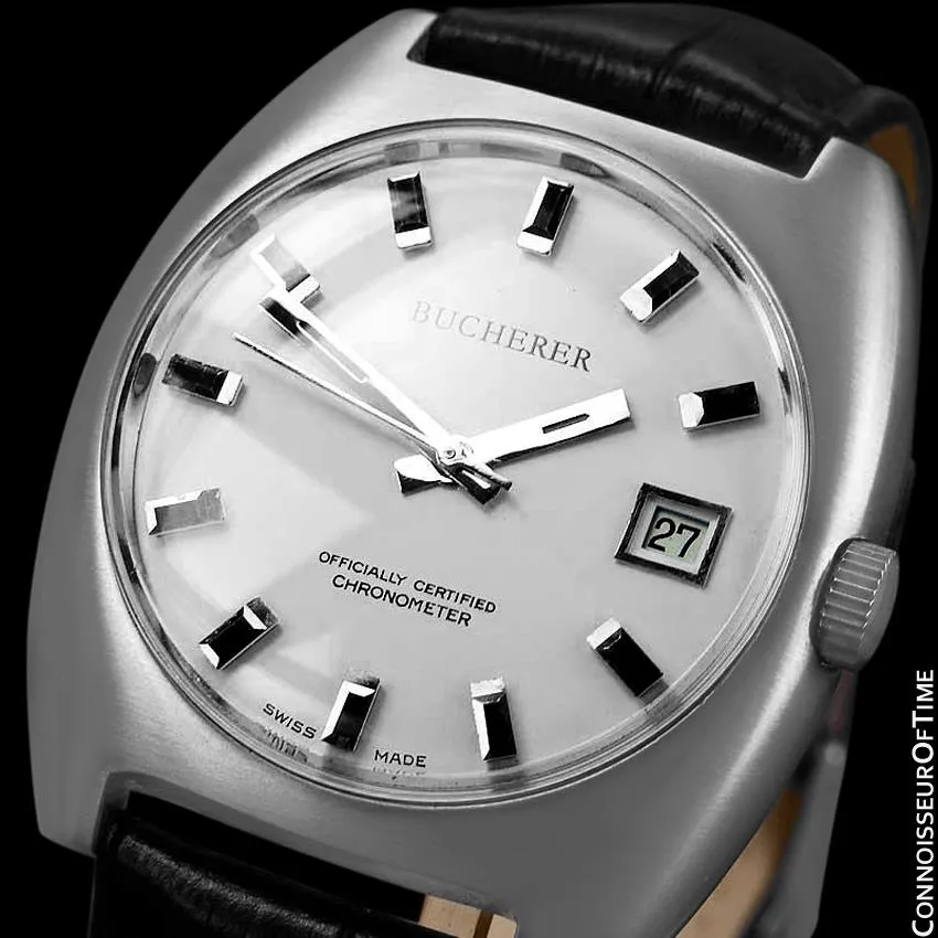 1970's Bucherer (Carl F. Bucherer) Large Vintage Mens Officially Certified Chronometer Watch - Stainless Steel