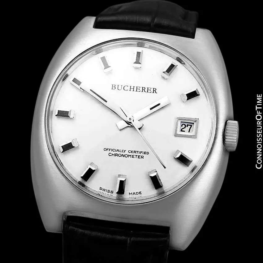 1970's Bucherer (Carl F. Bucherer) Large Vintage Mens Officially Certified Chronometer Watch - Stainless Steel