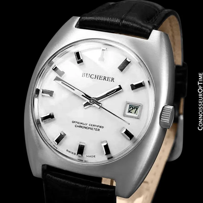 1970's Bucherer (Carl F. Bucherer) Large Vintage Mens Officially Certified Chronometer Watch - Stainless Steel
