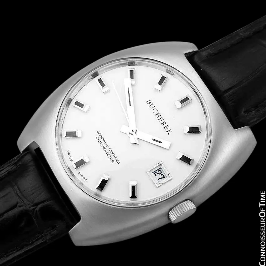 1970's Bucherer (Carl F. Bucherer) Large Vintage Mens Officially Certified Chronometer Watch - Stainless Steel